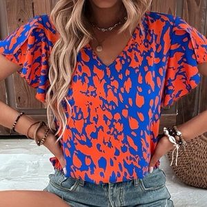 Blue and orange short sleeve blouse